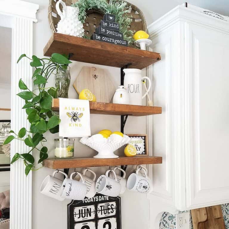 Stained Wood Kitchen Shelves With Yellow Lemons