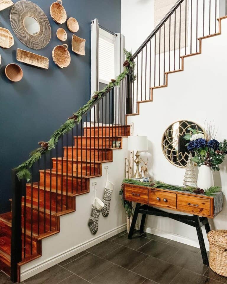 Stained Wood Steps With Black Spindles