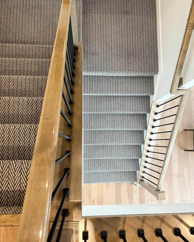 Stairwell With Beige and Gray Herringbone Carpet
