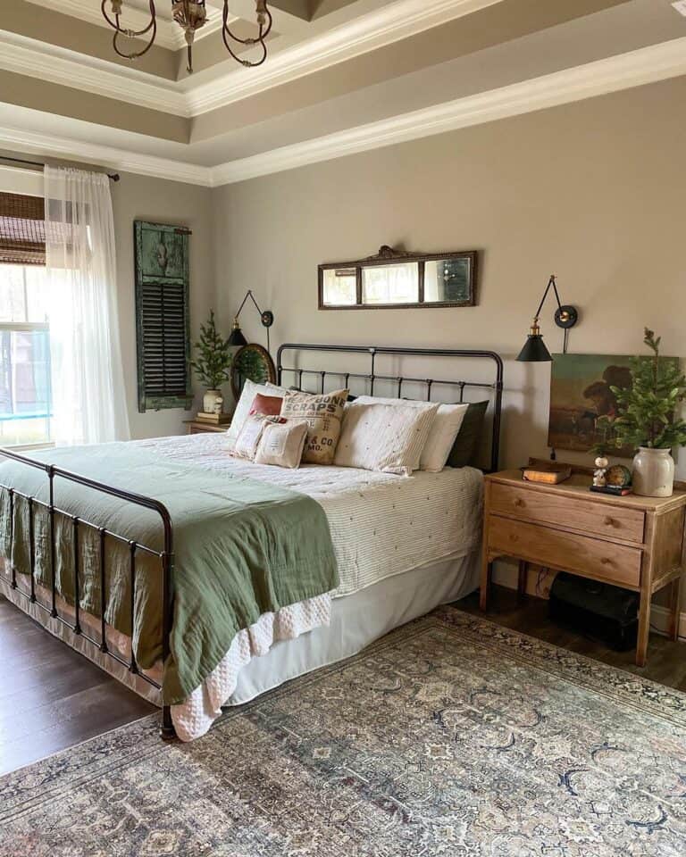 Vintage Bedroom With Gray and White Coffered Ceilings