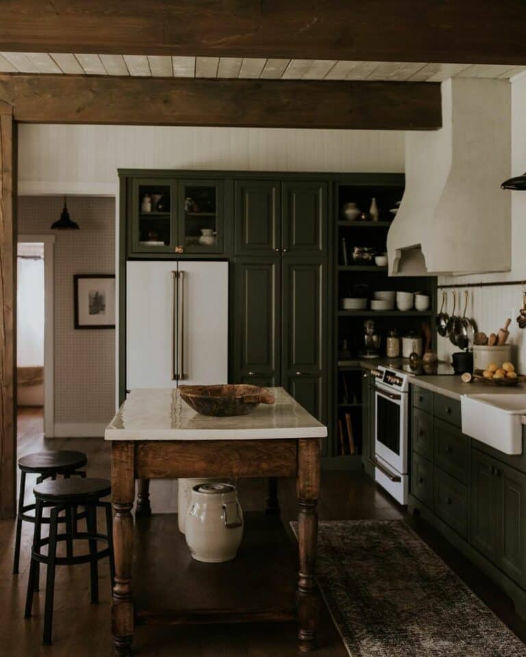 Vintage Farmhouse Kitchen With Green Cabinets