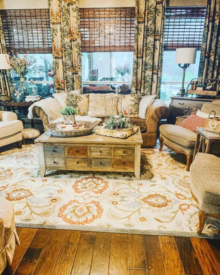Vintage Living Room With White and Orange Rug