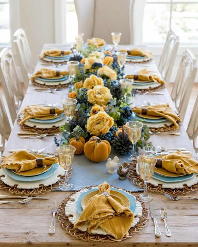Vintage Orange and Bright Blue Thanksgiving Table Setting