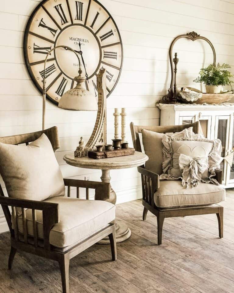Vintage Wall Clock Over a Rustic Bistro Seating Set