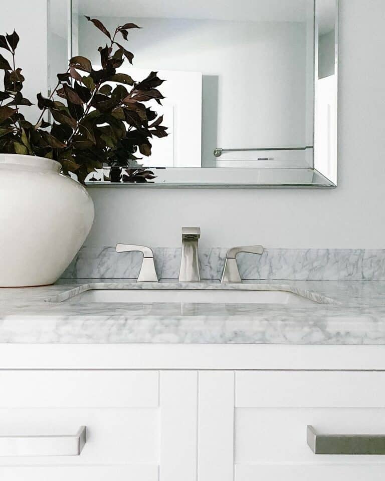 White Bathroom Cabinet With Gray Marble Countertop