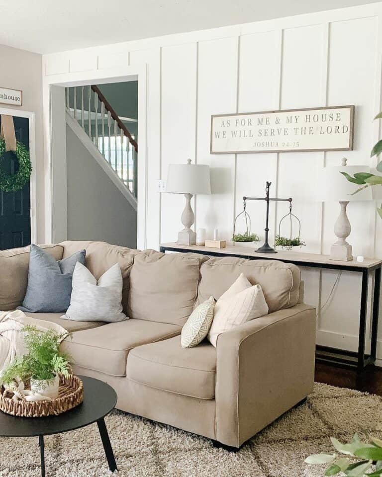 White Board and Batten Walls in Farmhouse Living Room