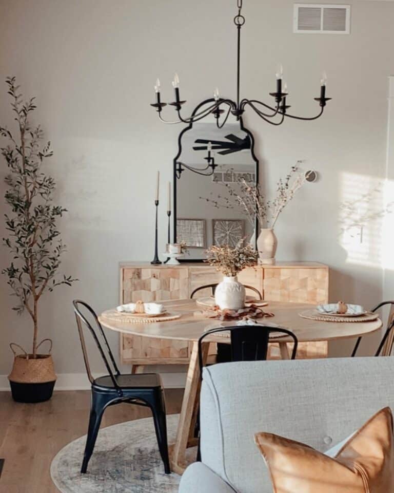 White Contemporary Dining Room With Black Framed Mirror