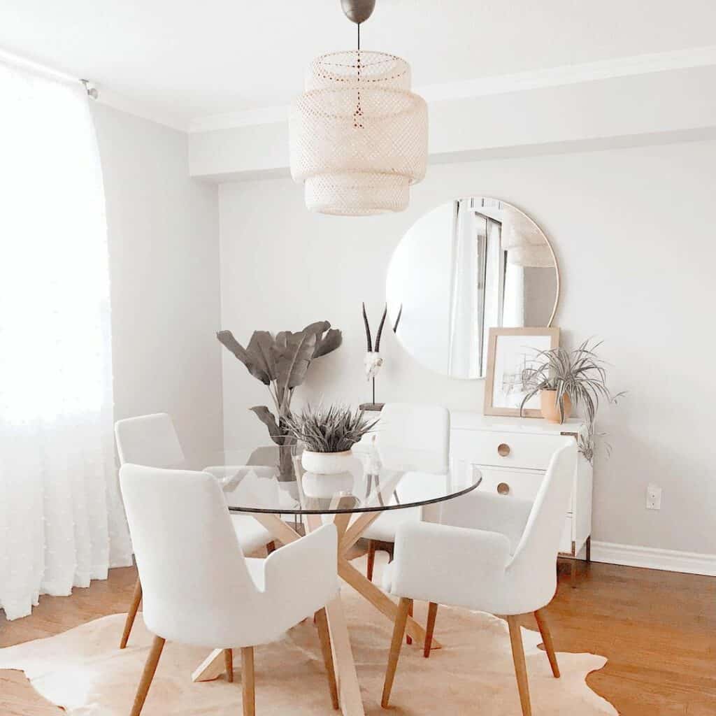 White Farmhouse Dining Room With Glass Table