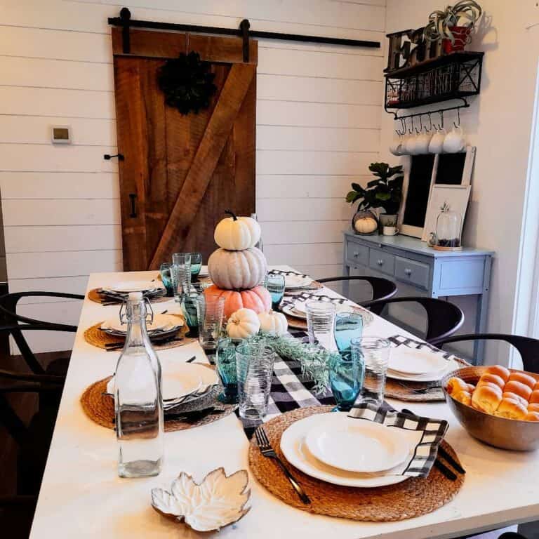 White Farmhouse Dining Table With Neutral Thanksgiving Accents