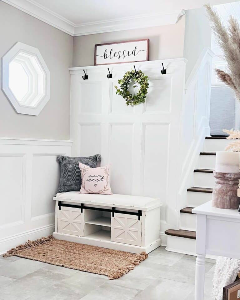 White Farmhouse Entry Bench With Storage