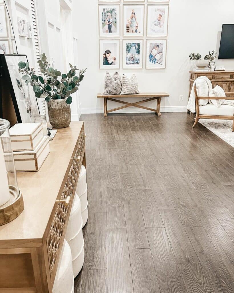 White Farmhouse Entryway With Wood Accents