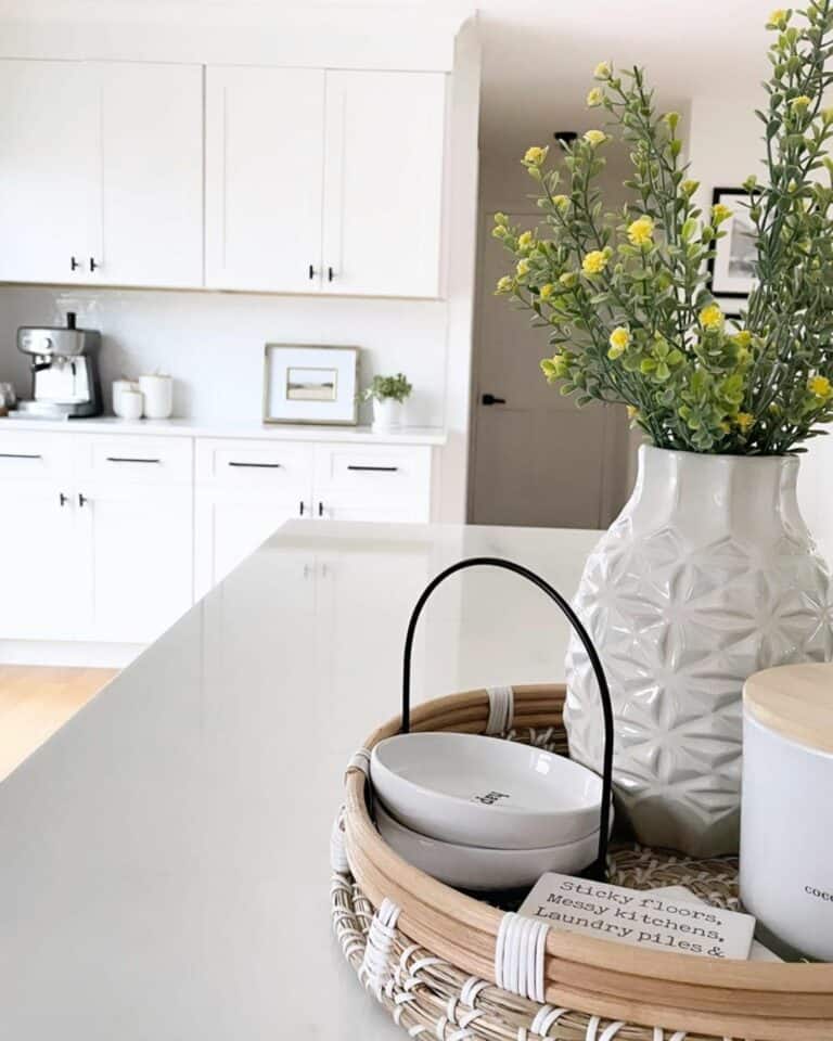 White Kitchen Island Countertop With Floral Centerpiece