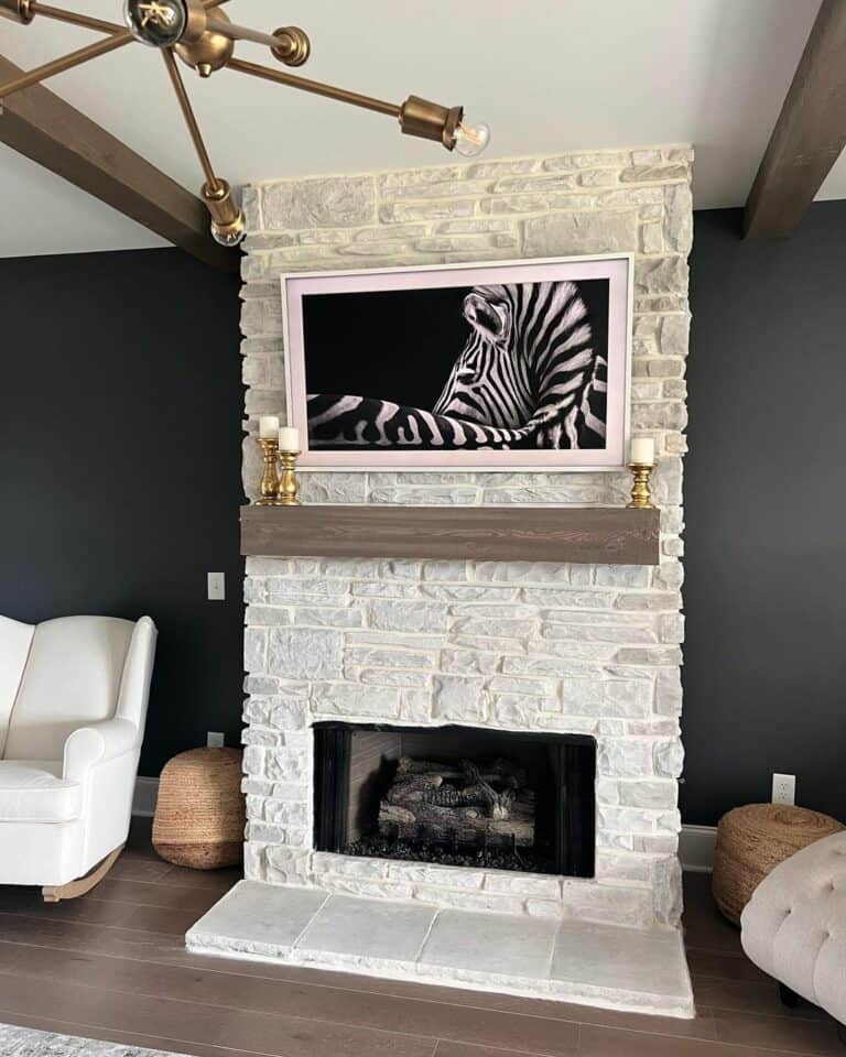 White Stone Fireplace With Black Walls