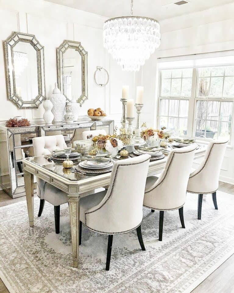 White Vintage Dining Room With Glass Chandelier