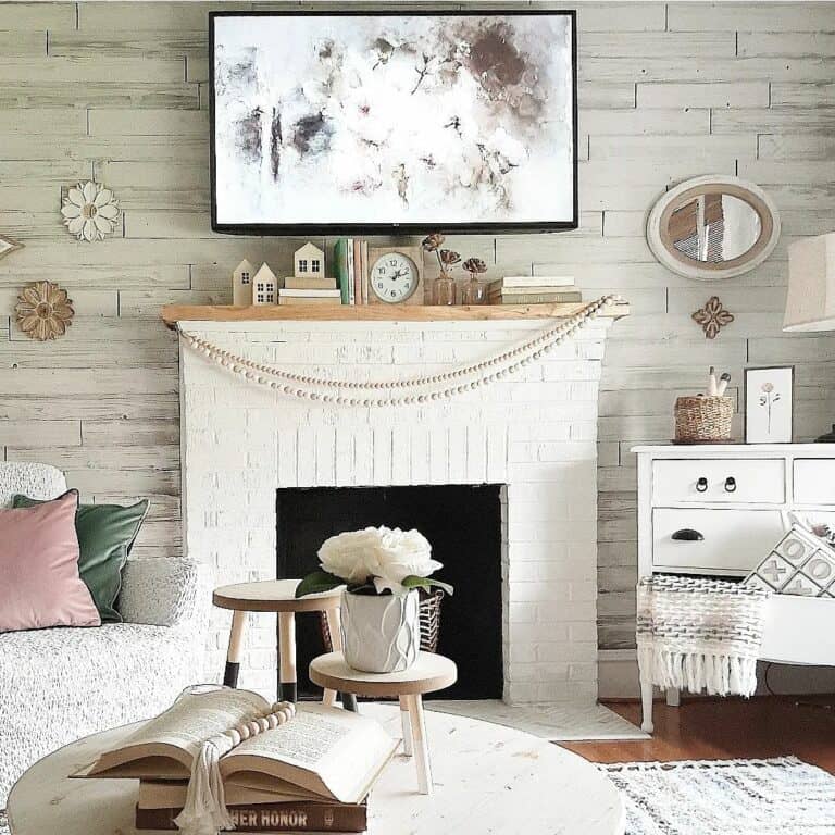 White Wood Accent Wall in Farmhouse Living Room
