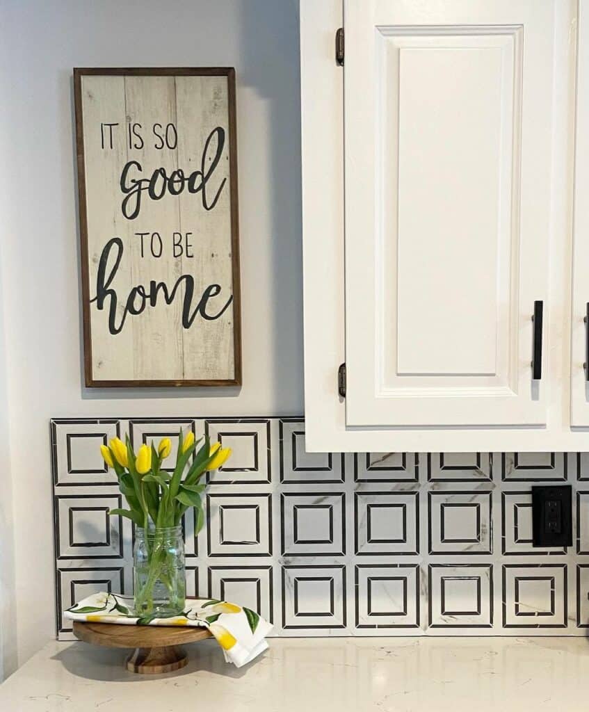 White and Black Geometric Tile Kitchen Backsplash