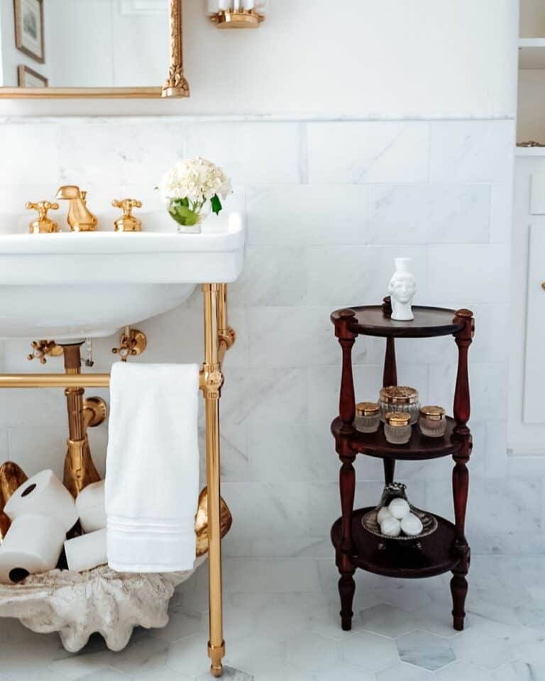 White and Gray Marble Half Wall in Vintage Bathroom
