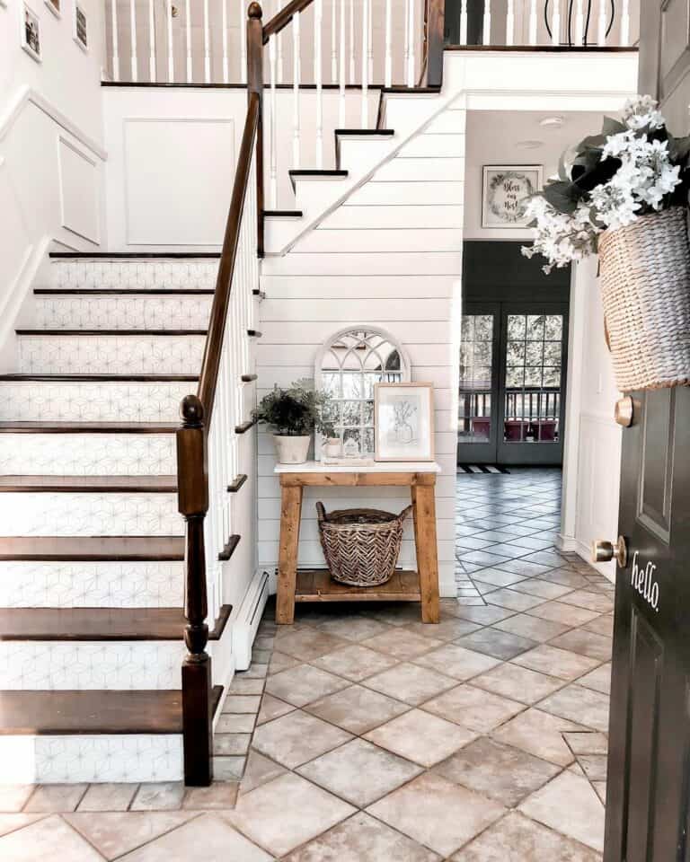White and Gray Wallpaper Stair Risers