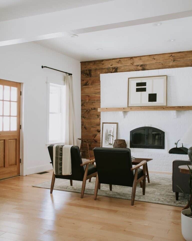 Wood Accent Wall in Farmhouse Living Room