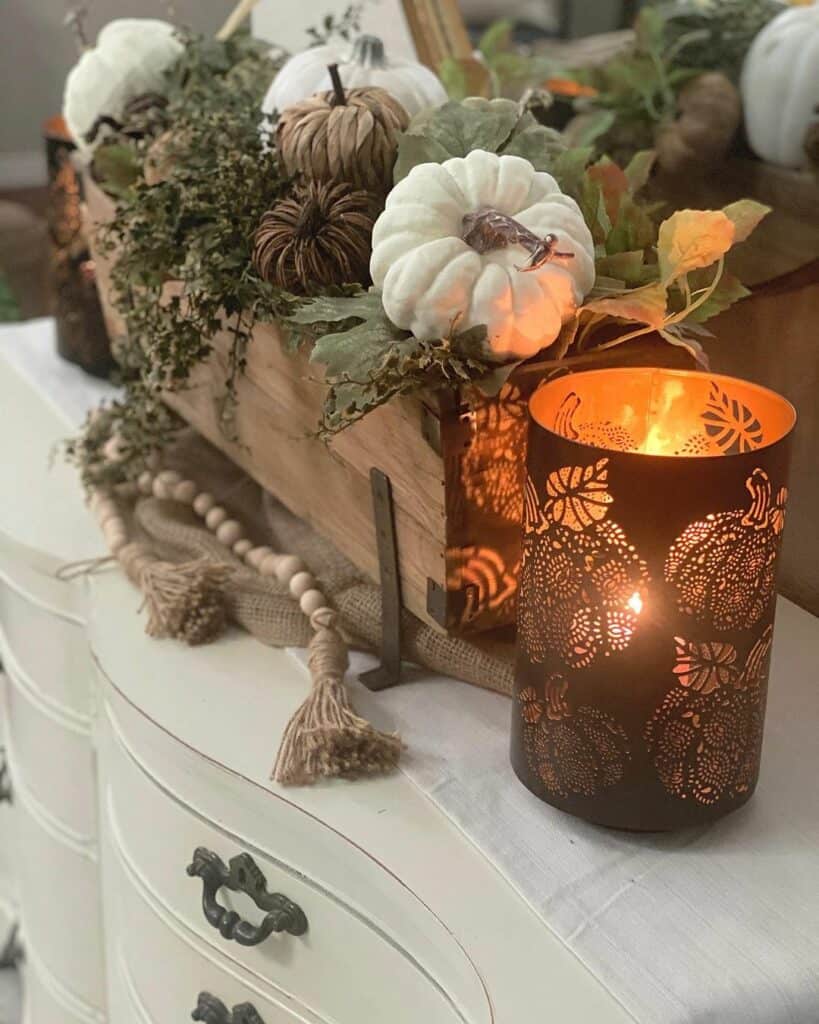 Wood Planter Box With White and Brown Pumpkins