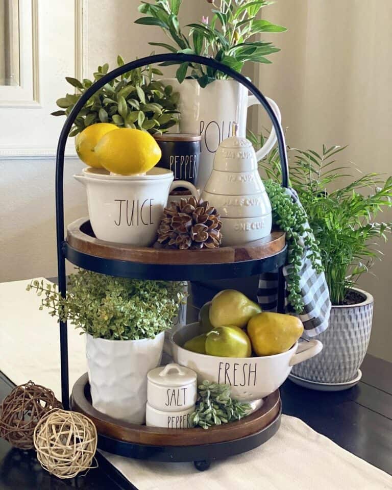 Wood and Black Metal Tiered Tray With Lemons