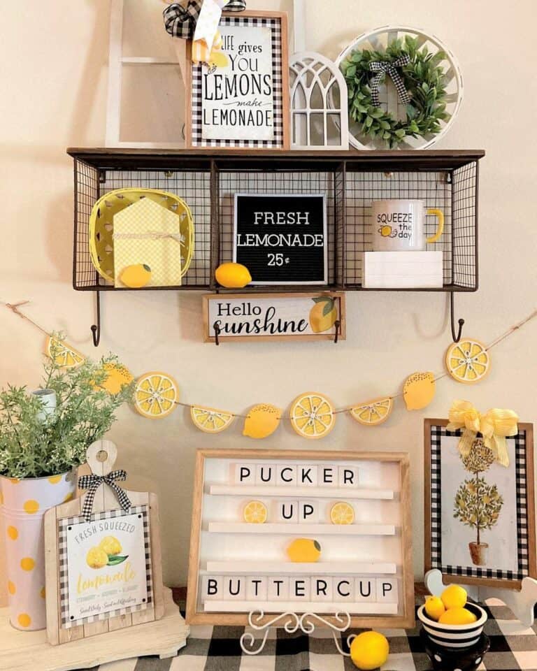 Wood and Black Wire Shelf With Lemon Décor