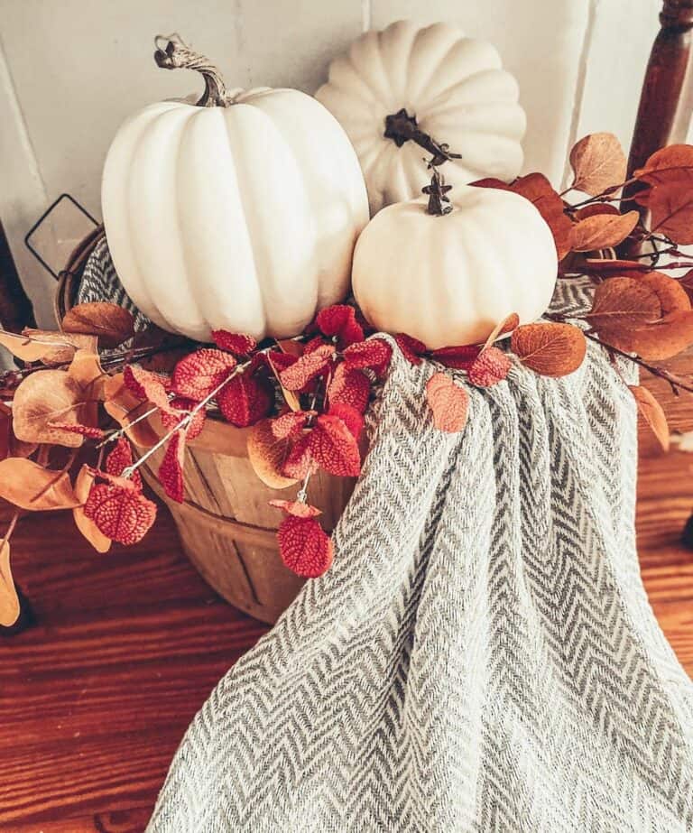Wooden Bucket With White Pumpkins