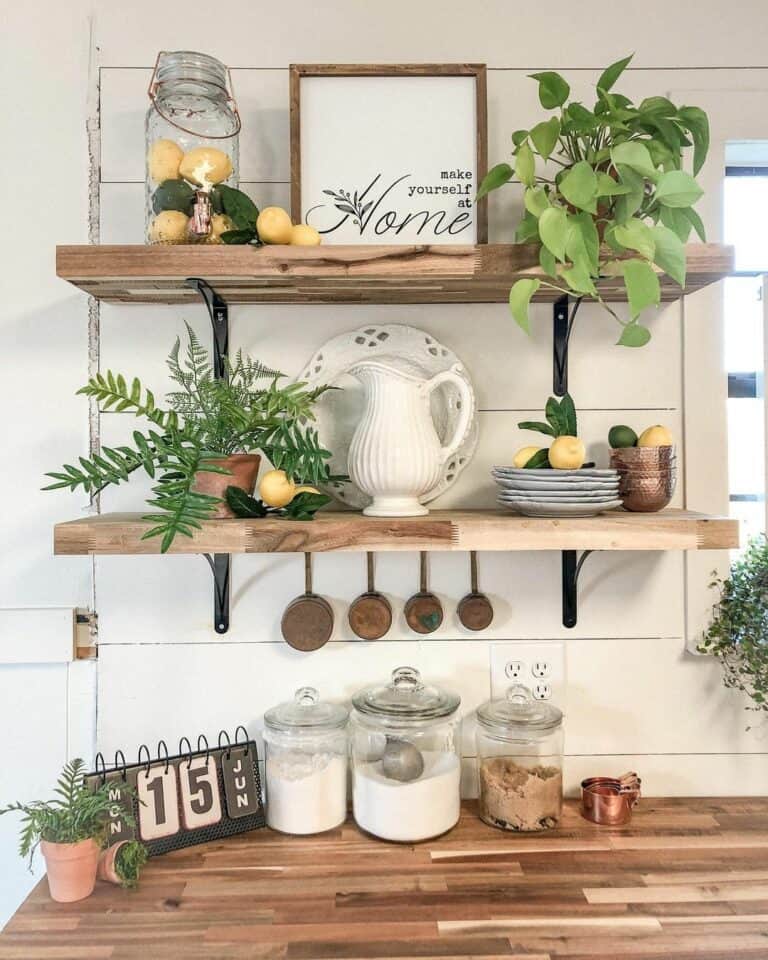Wooden Kitchen Shelves With Lemon Decorations