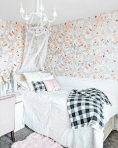 Farmhouse Chandelier and Floral Wallpaper