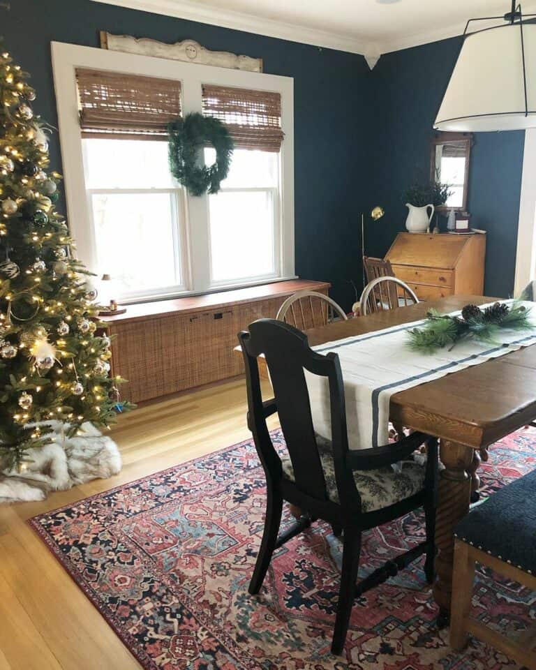 Navy Blue Walls in Christmas-themed Dining Room