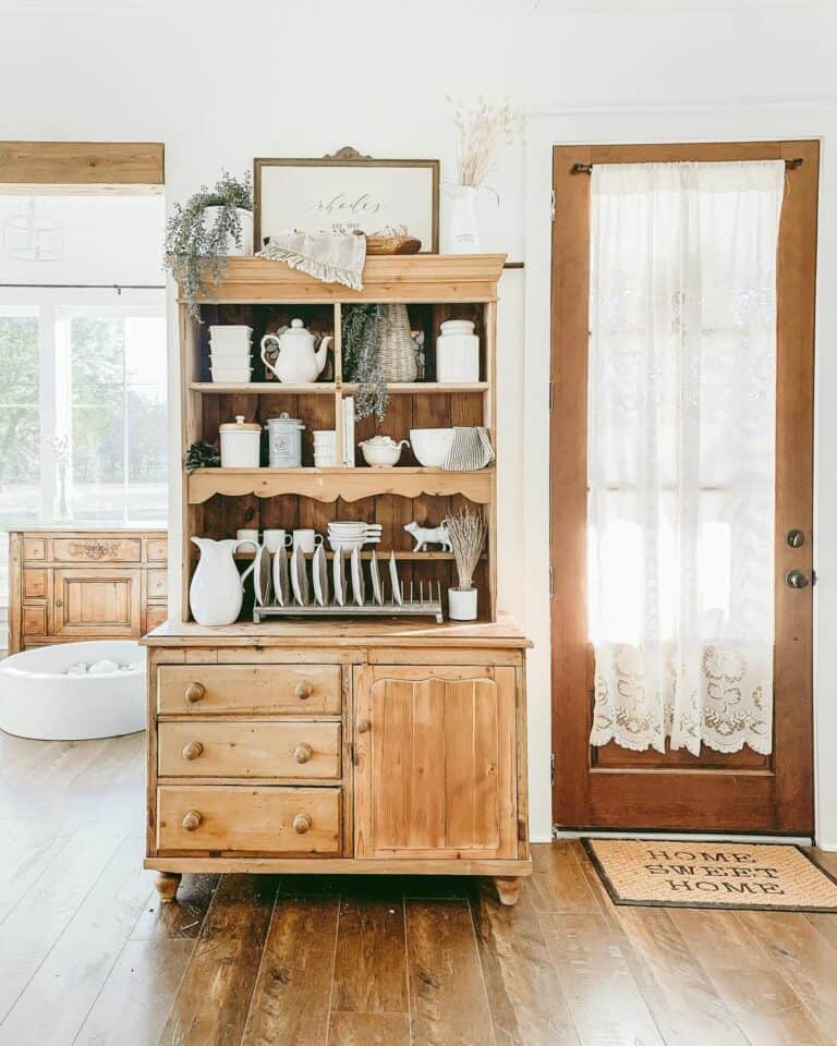 Antique Light Wood Hutch With White Décor