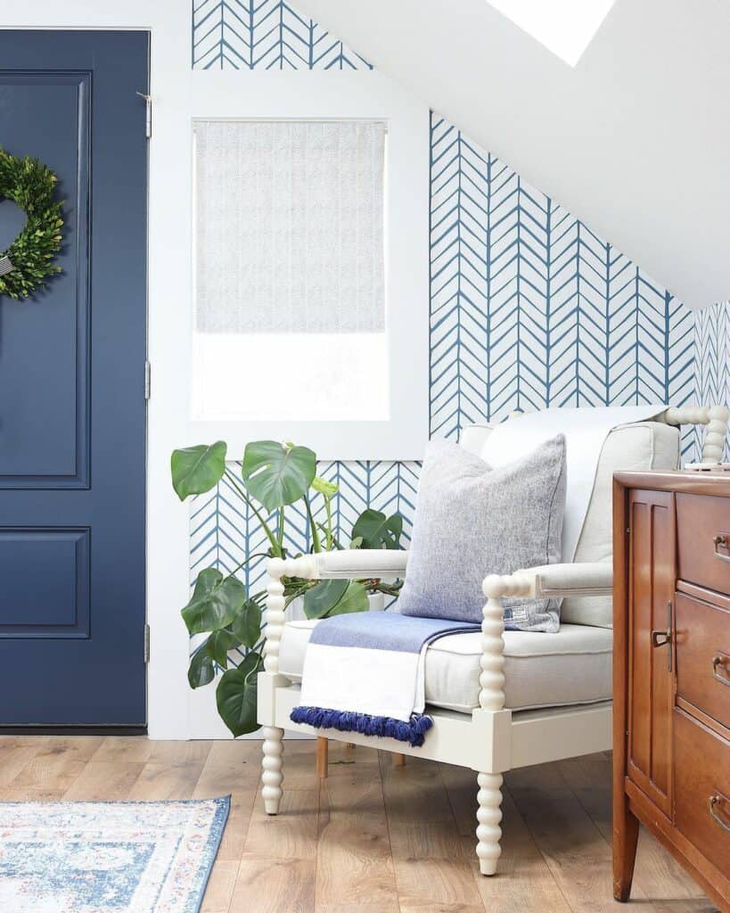 Attic Nook With White and Blue Chevron Wallpaper