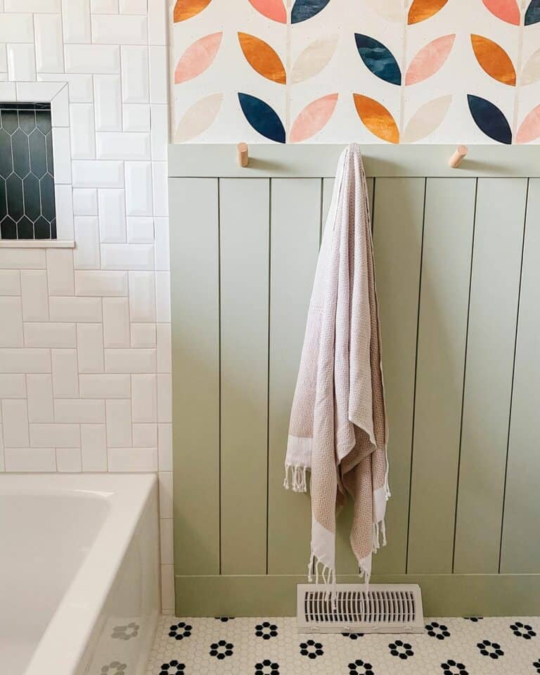 Bath With Light Green Shiplap Wainscoting