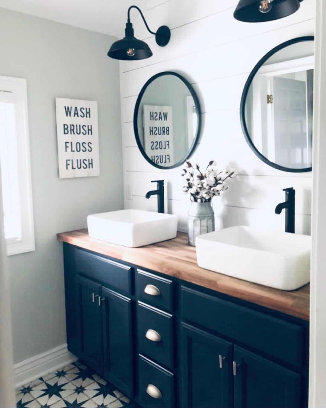 Bathroom With Black Cabinets and Wood Countertop - Soul & Lane