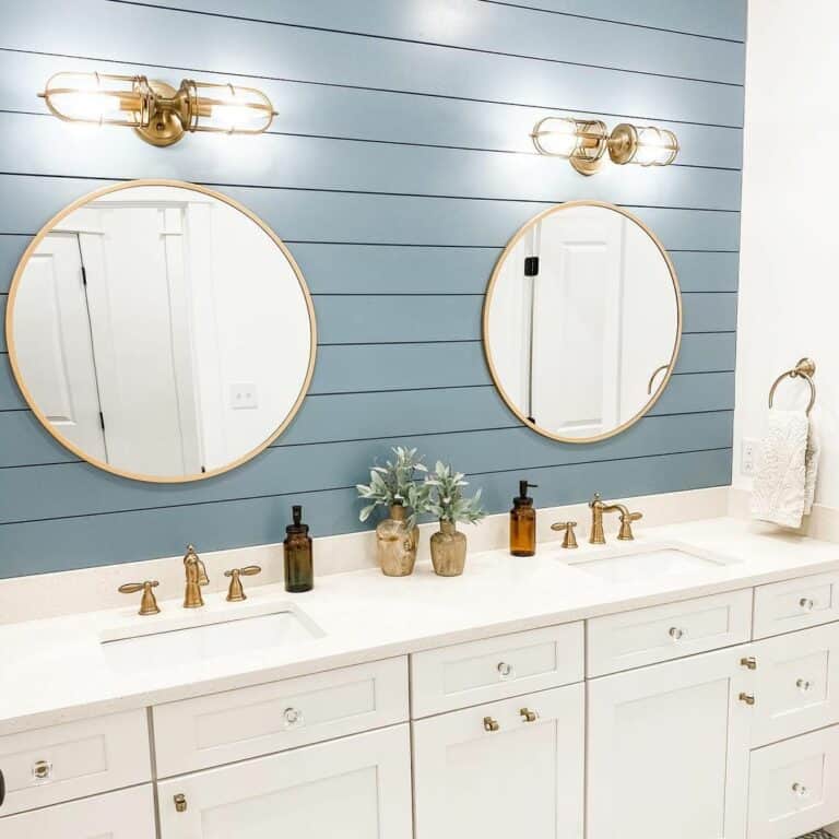 Bathroom With Blue Shiplap Backsplash