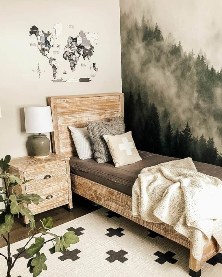 Bedroom With Gray Forest Mural Wallpaper