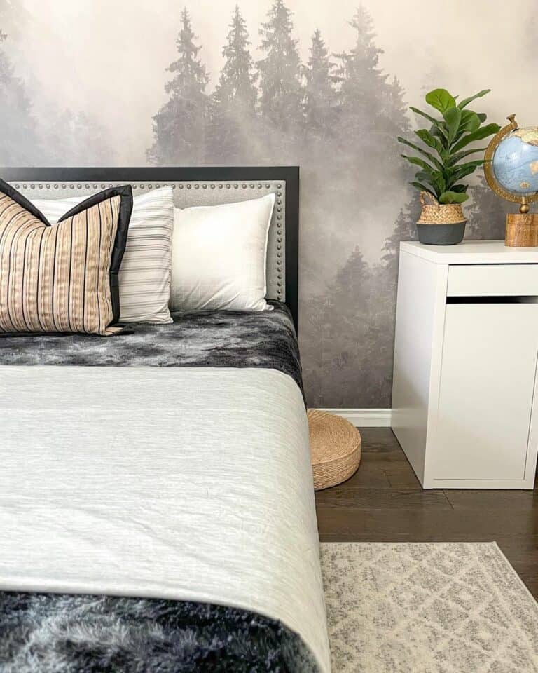 Bedroom With Gray Forest Wallpaper Mural