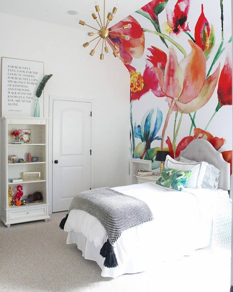 Bedroom With Red Floral Accent Wall