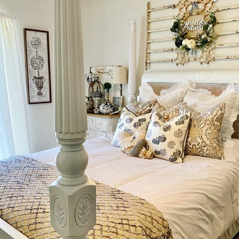 Bedroom With Rustic White Metal Gate Wall Décor