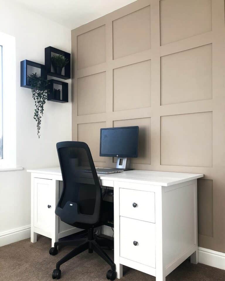 Beige Board and Batten Accent Wall in Home Office