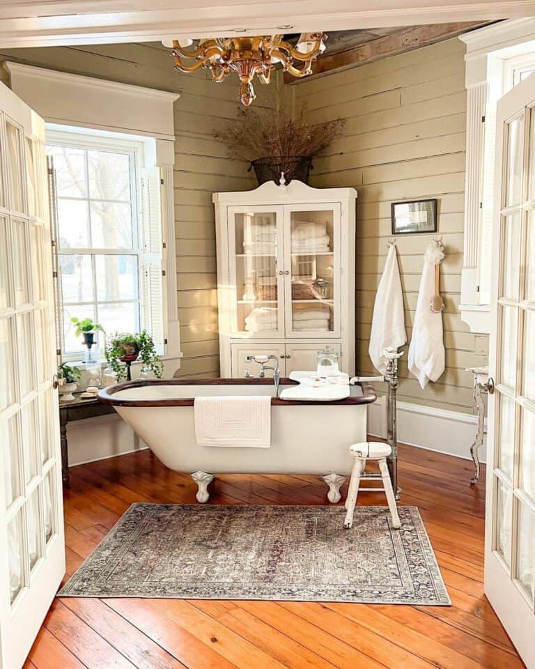 Beige-colored Shiplap Farmhouse Bathroom