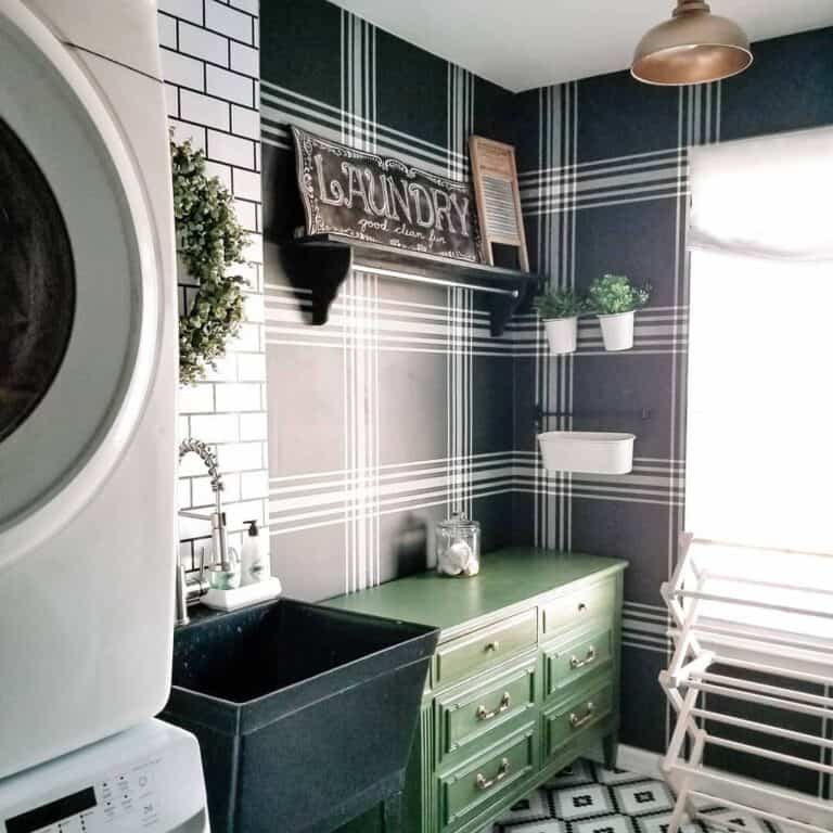 Black Plaid Laundry Room With Green Sideboard