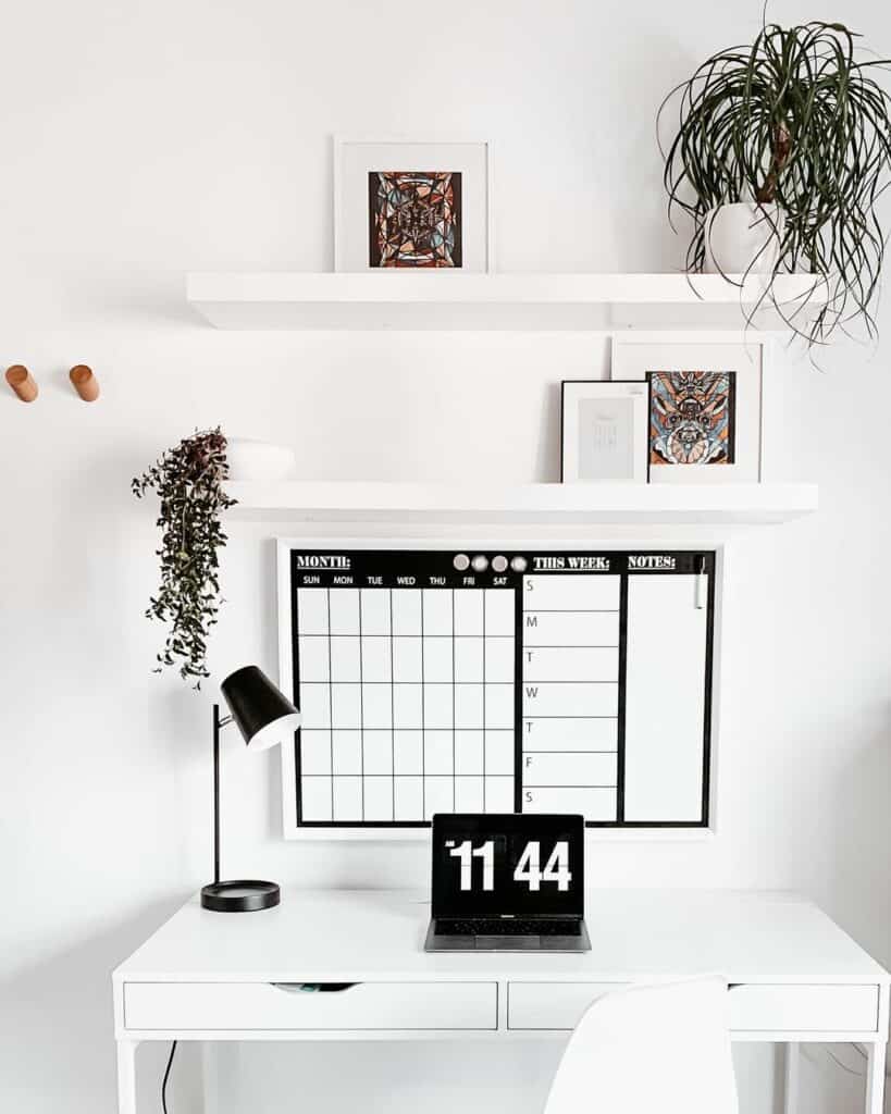 Black and White Home Office With Floating Shelves