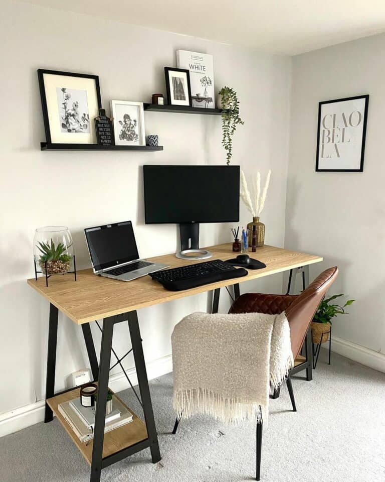 Black and White Home Office With Natural Wood Desk