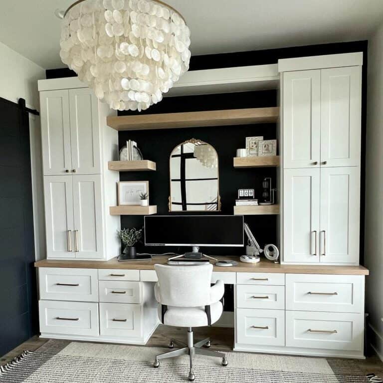 Black and White Office With Wood Floating Shelves