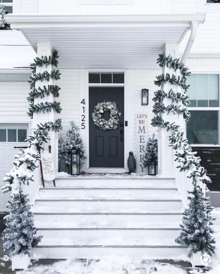 Black and White Porch With Pine Decorations