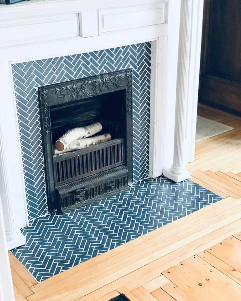 Blue and White Herringbone Tile Fireplace