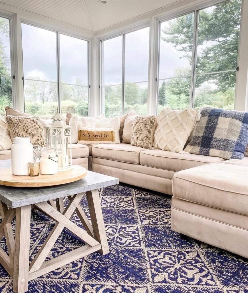 Blue and White Living Room With Window Walls