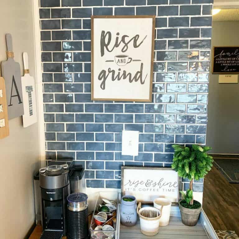 Blue and White Subway Tile Coffee Bar