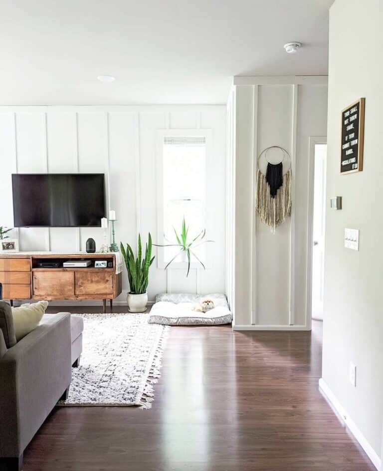 Board and Batten Living Room Ideas With Dark Hardwood Floors